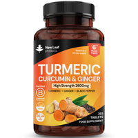 NEW LEAF PRODUCTS Turmeric Tablets 2600mg High Strength with Black Pepper & Ginger (6 Months Supply) Active 95% Turmeric Curcumin Supplements 365 Tablets Not Capsules, Vegan, UK Made by New Leaf