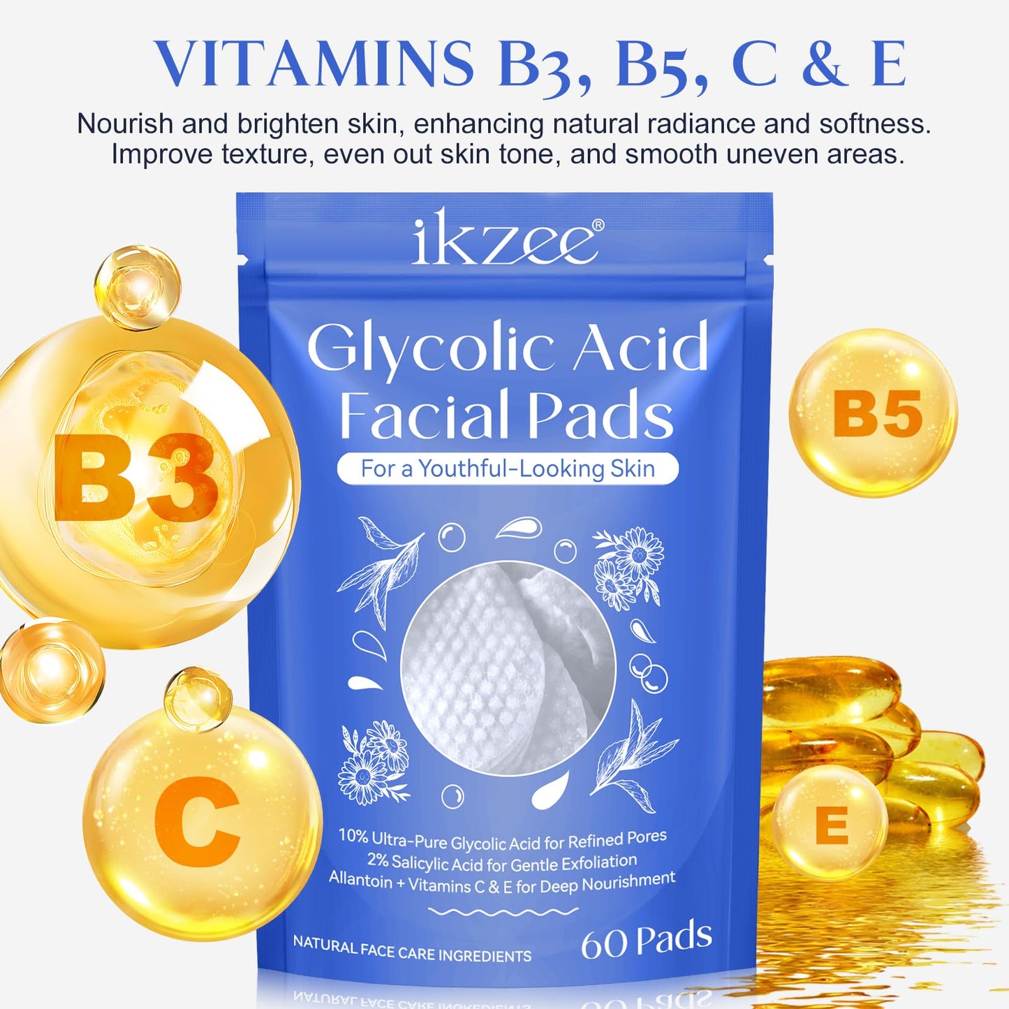 Generic Glycolic Acid Facial Pads 60 Count - 10% Glycolic Acid+2% Salicylic Acid for Gentle Exfoliation, Refined Pores. Allantoin + Vitamins C & E for Deep Nourishment, Radiant Skin Renewal.