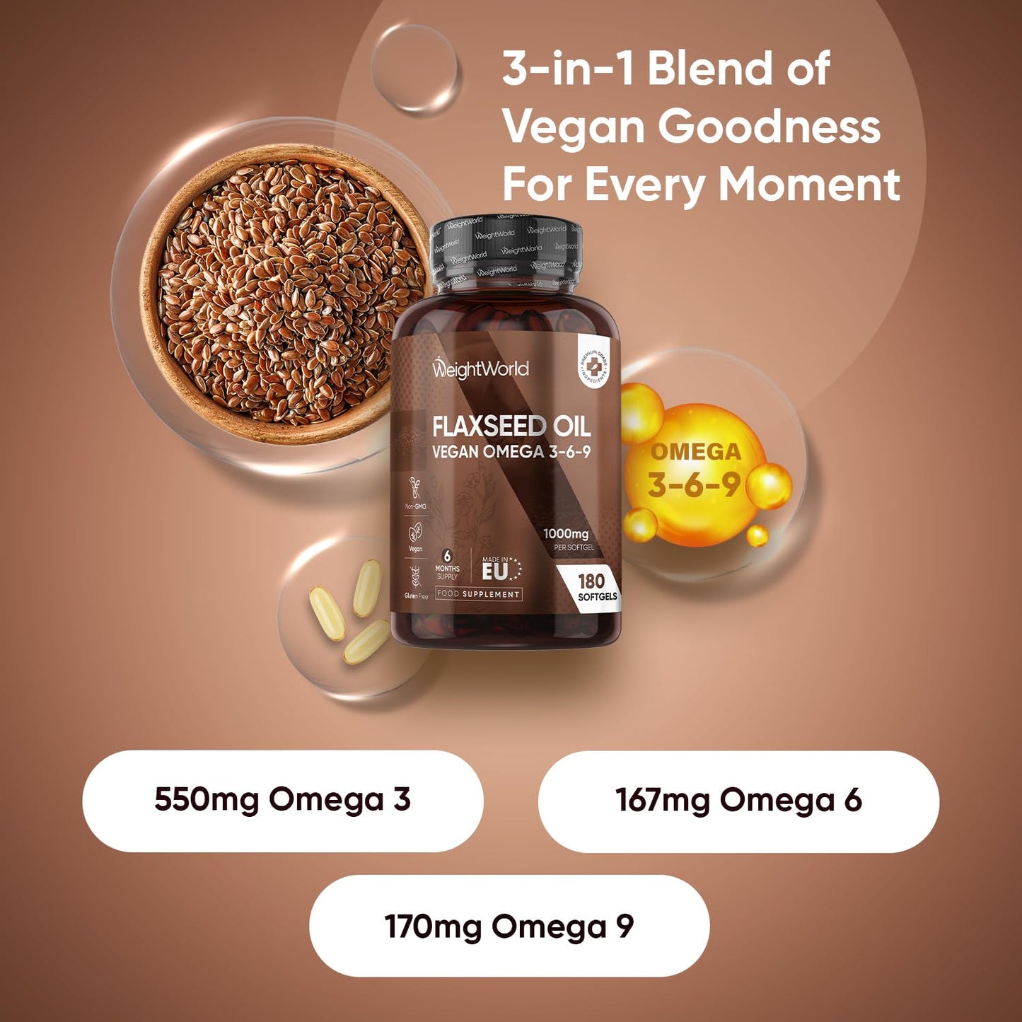WeightWorld Flaxseed Oil Softgels - 180 Softgels - 1 a Day - 6 Months Supply