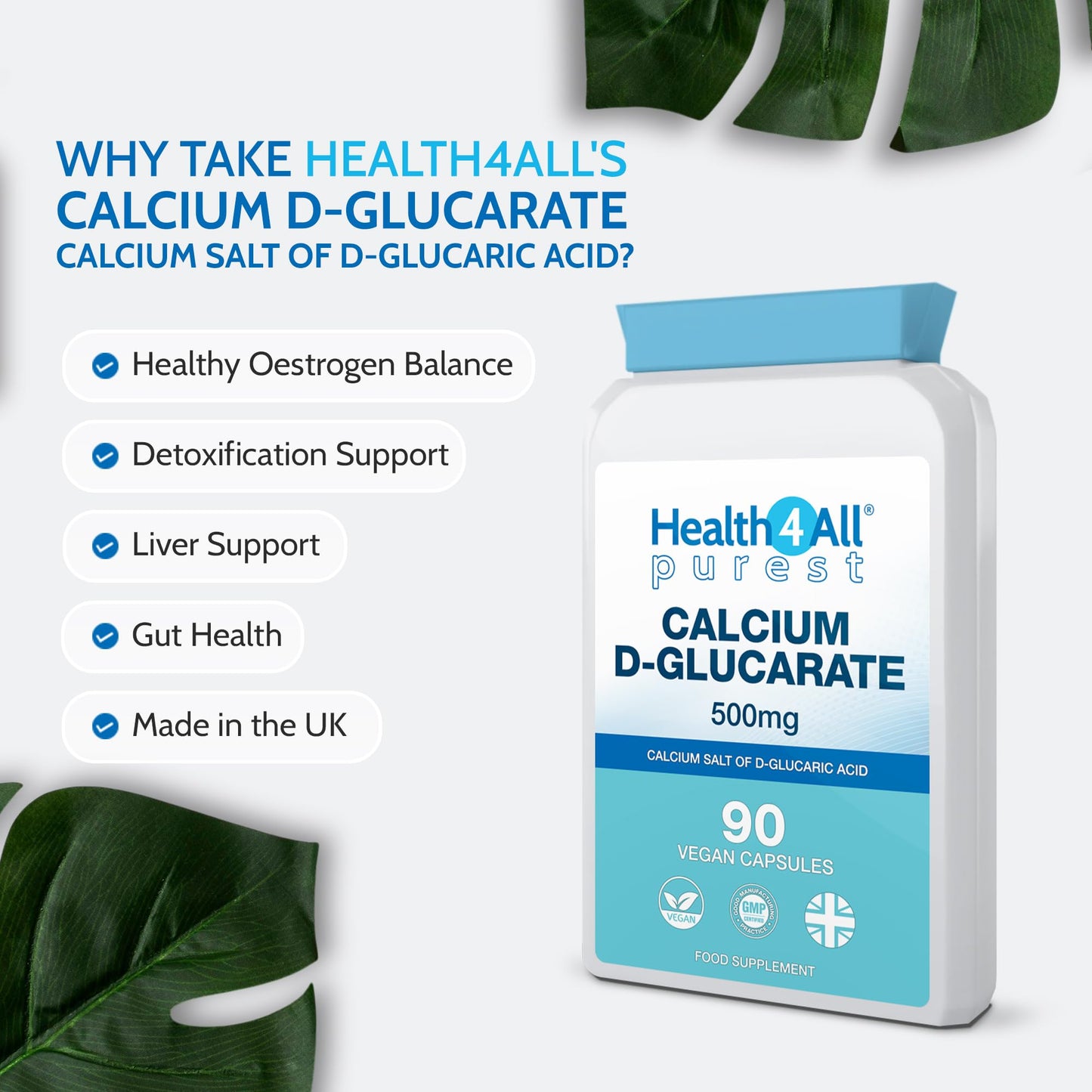 Health4All Calcium D-Glucarate 500mg - Oestrogen Supplements for Women and Men - Hormone Balance Support - 90 Vegan Capsules