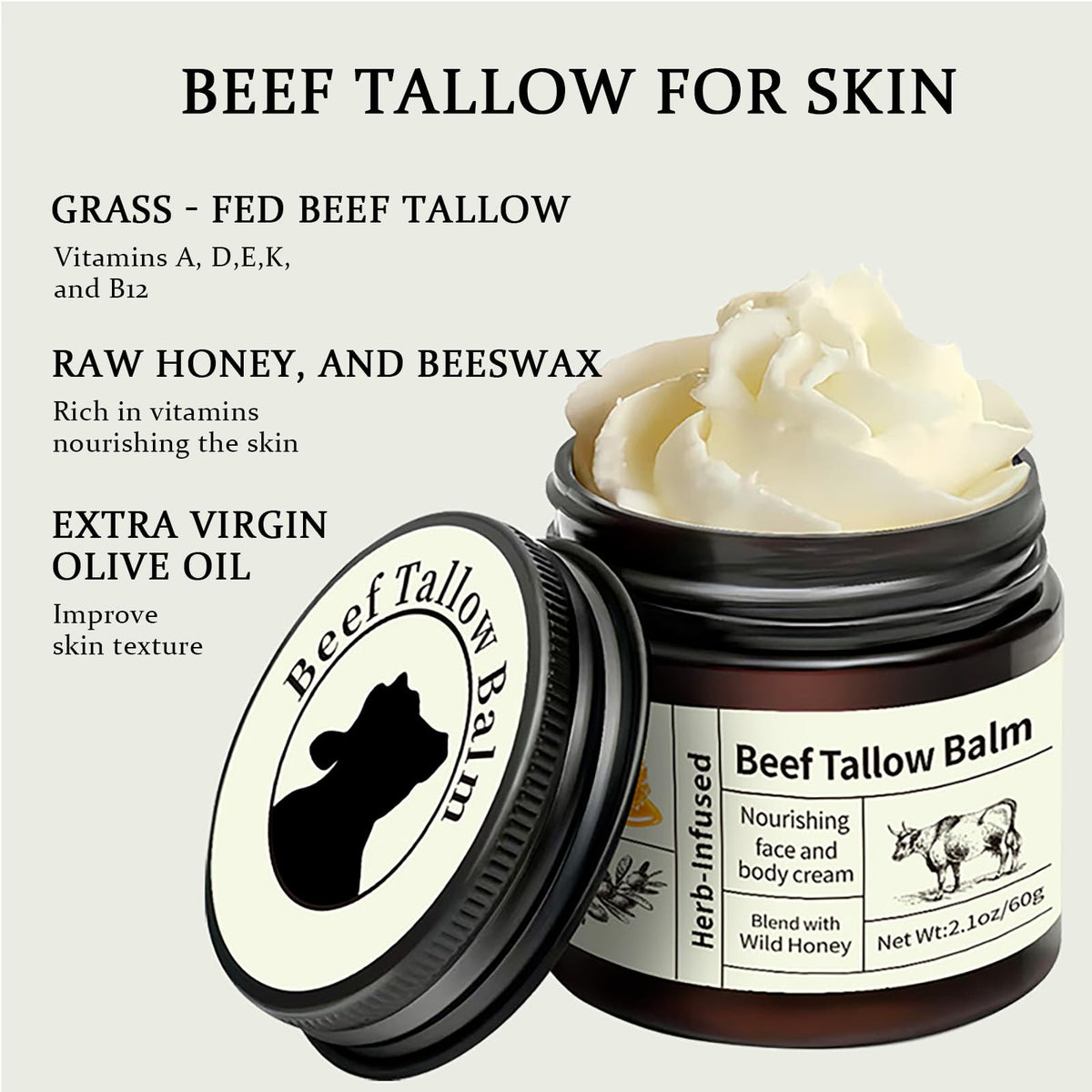 NatrLuxe Beef Tallow Honey Balm, Beef Tallow for Skin, Deeply Nourishing Grass Fed Tallow Balm, Beef Tallow Cream for Face & Body, Nourishing Beef Moisturiser for Dry Skin
