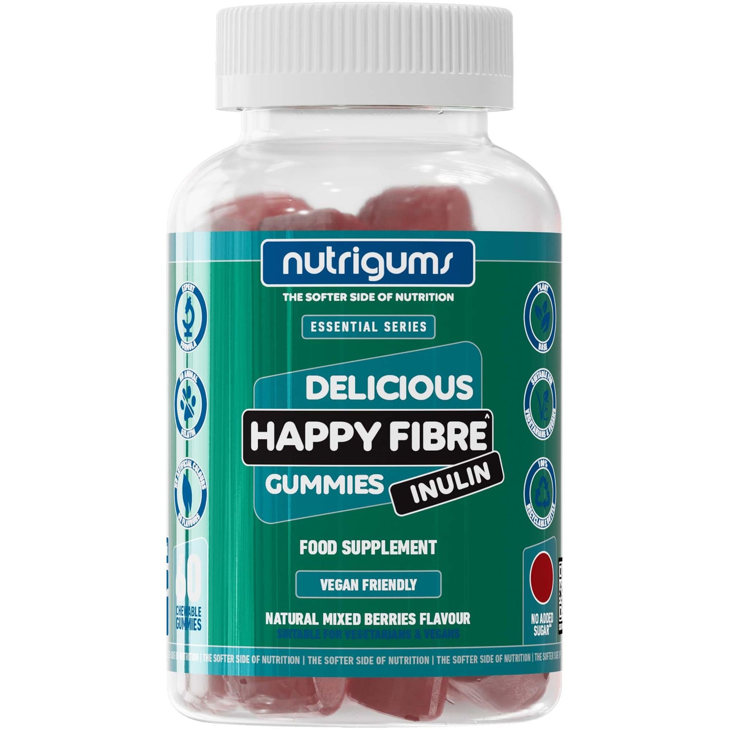 Nutrigums Happy Fibre (Inulin) Chicory Root Prebiotic Gummy | 3.8g Fibre | Mixed Berry Flavour | 60 Vegan Gummies | No Added Sugar | Gut Health and Digestive System Support by NUTRIGUMS®