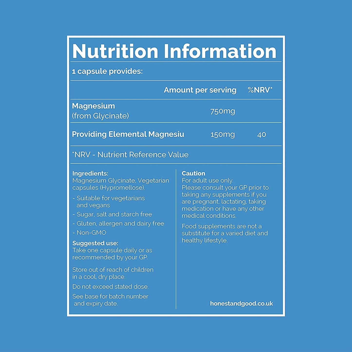 Honest + Good Magnesium Glycinate Capsules 750mg | 150mg Elemental Magnesium | 3 Month Supply | No Fillers | Made in UK | Vegan