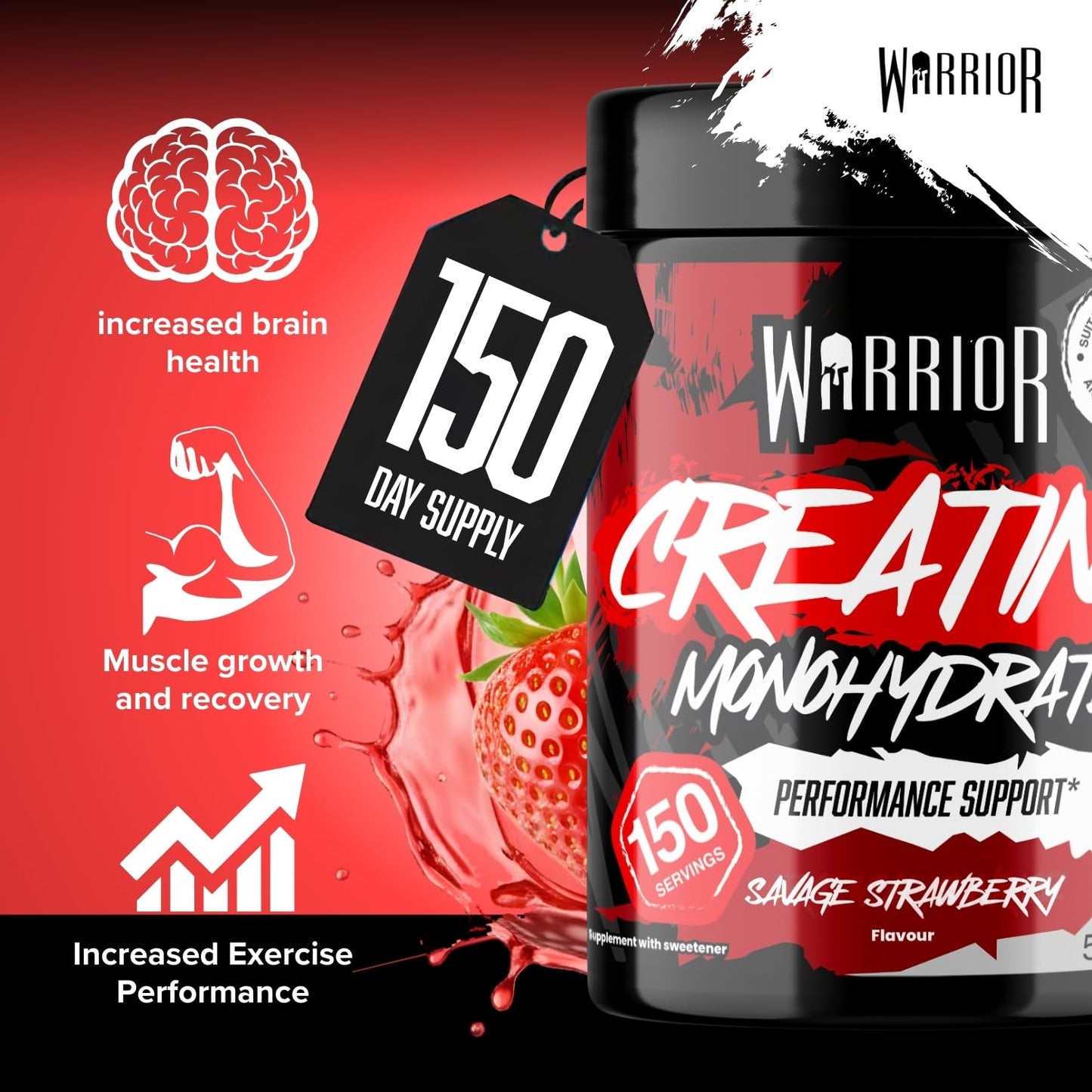 Warrior Flavoured Creatine Monohydrate Powder 500g (150 Servings) – Creatine Powder Drink, Creatine for Performance, Strength & Recovery (Not Creatine Gummies or Tablets) – Savage Strawberry