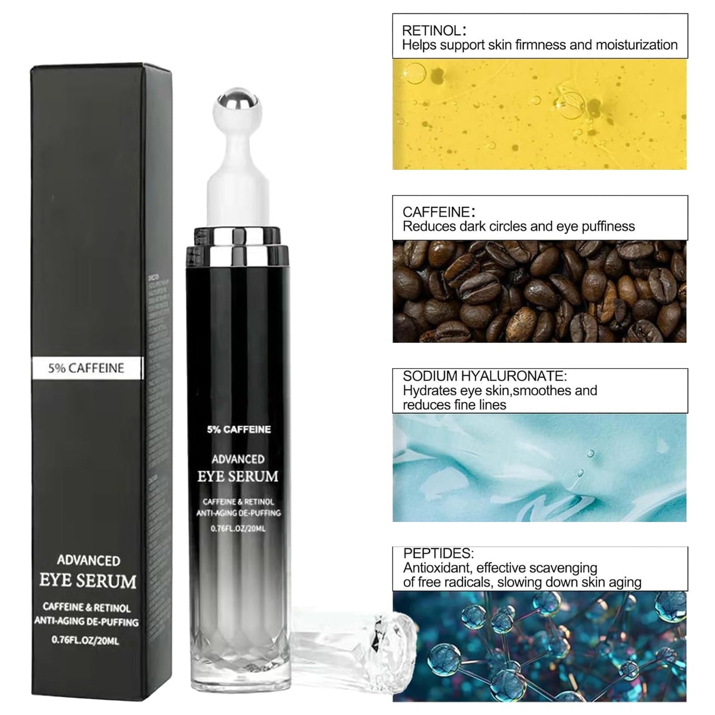 Caffeine Eye Serum - Caffeine Solution 5% Eye Cream, Under Eye Brightener, Eye Cream for Dark Circles and Puffiness with 360° Massage Ball, Fade Fine Lines Wrinkles, Retinol Anti-Ageing De-Puffing