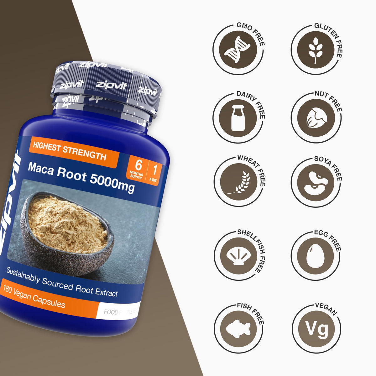 Zipvit Maca Root Capsules 5000mg, 180 Vegan Capsules, 6 Months Supply, Black & Yellow Maca Root Powder Extract