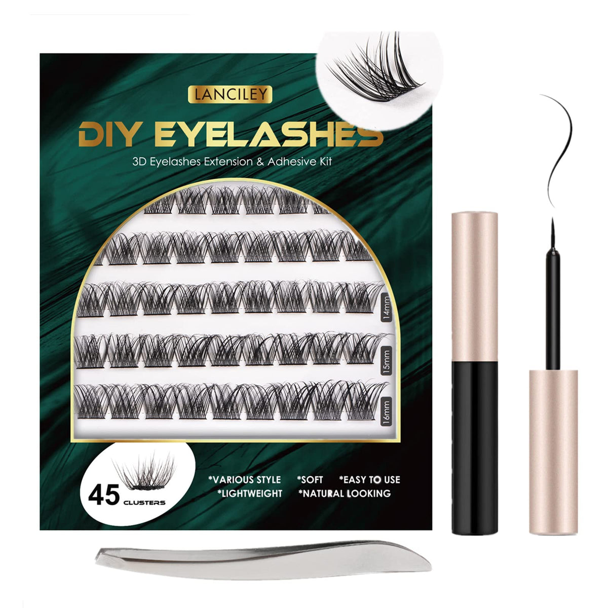 Lanciley Individual Lashes 45 Clusters Lashes CC Curl DIY Eyelash Extension Kit at Home for Make-up Beginner False Eyelashes with Eyelash Glue Tweezers 10/12/14/15/16mm Easy to Use - Fluffy Style