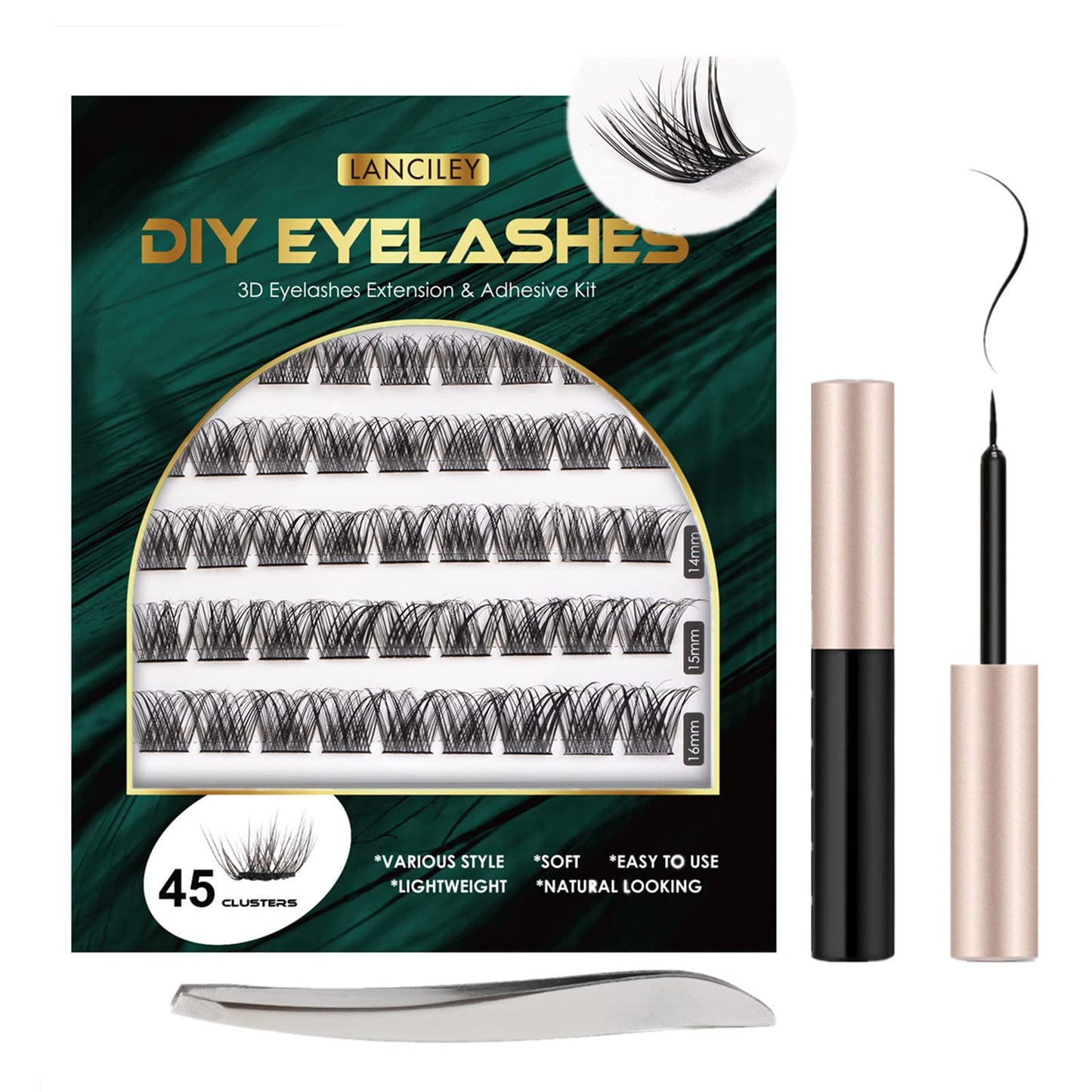 Lanciley Individual Lashes 45 Clusters Lashes CC Curl DIY Eyelash Extension Kit at Home for Make-up Beginner False Eyelashes with Eyelash Glue Tweezers 10/12/14/15/16mm Easy to Use - Fluffy Style