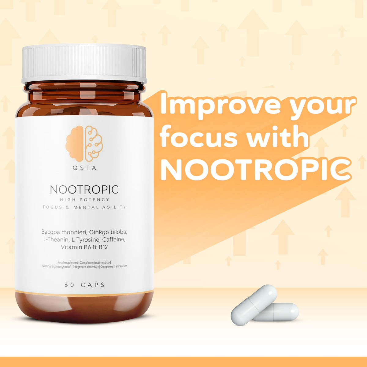 QSTA Nootropics Brain Supplement, Unique High Potency Cognitive Enhancer for Energy, Focus, Brain Function, Mental Alertness & Memory with Bacopa Monnieri, Ginkgo, Tyrosine, Theanine, Brain Vitamins