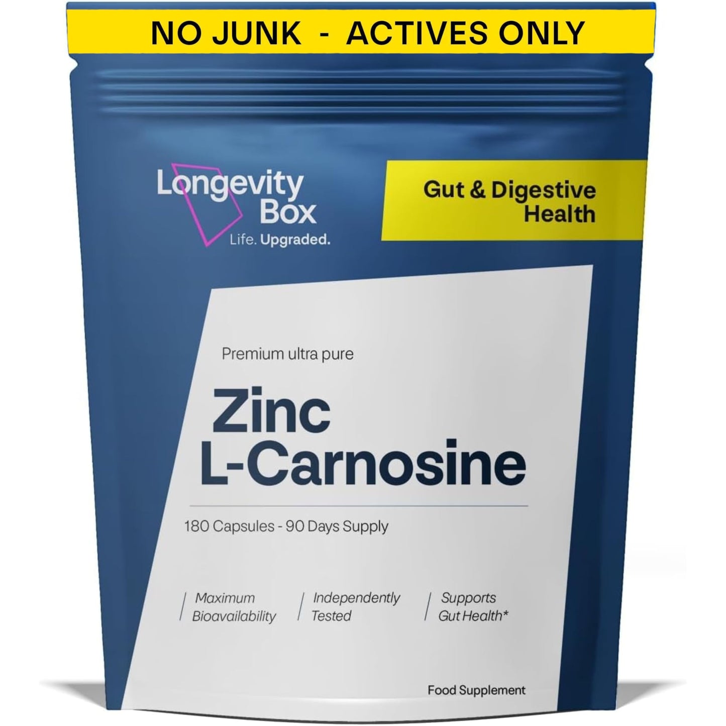 Longevity Box Zinc L-Carnosine Supplement - 75mg x 180 Capsules of Maximum Bioavailable Zinc L-Carnosine 2 Per Serving, Supports Gut Health, Nutrient Absorption, Digestive Comfort - 3 Months Supply