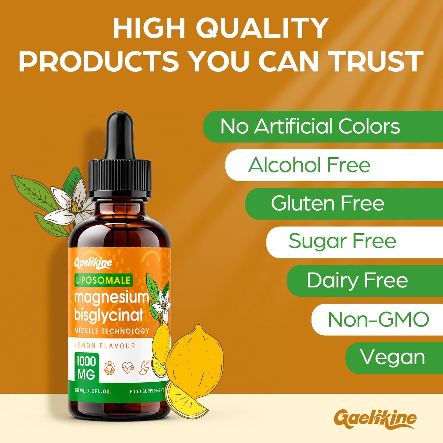 Gaelikine Magnesium Bisglycinate Drops 1000mg, Lemon Flavour, Vegan, 60ml