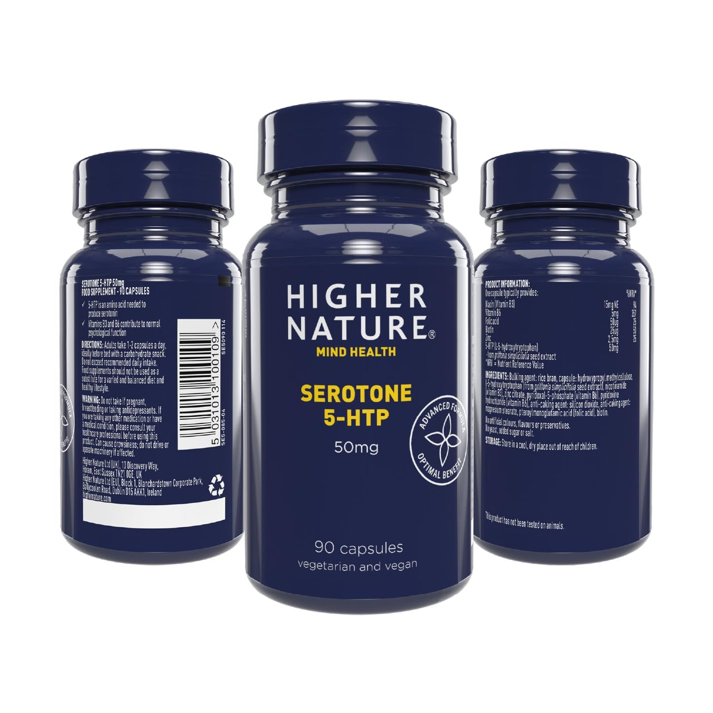 Higher Nature - Serotone 5HTP - 50mg - Psychological Support - Natural Source of 5HTP - B Vitamins & Zinc - Vegan & Vegetarian - 90 Capsules