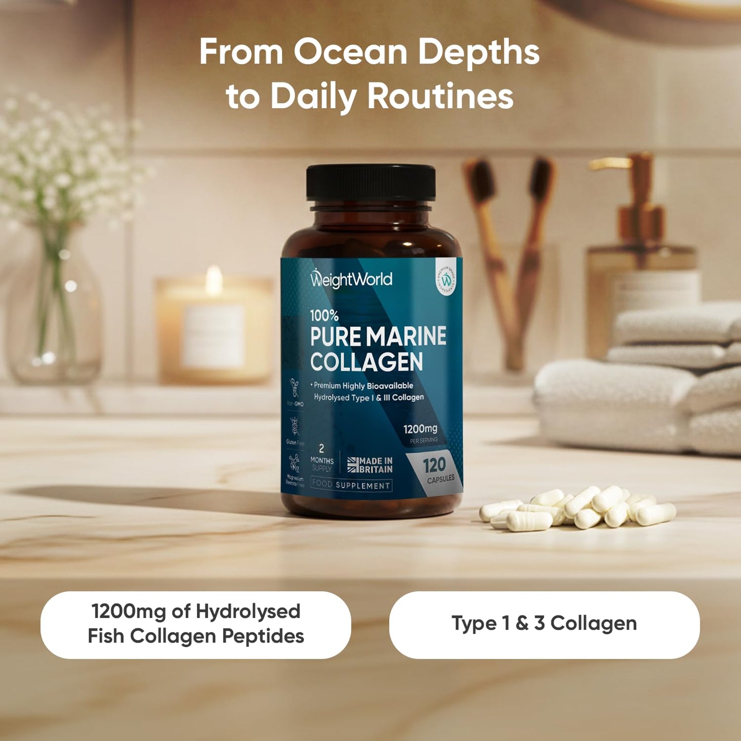 WeightWorld Pure Marine Collagen Supplements for Women & Men - 120 Capsules - 1200mg Per Serving - 2 Months Supply- Highly Bioavailable Type 1 & 3 Hydrolysed Fish Collagen Peptides