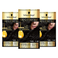 Schwarzkopf Oleo Intense Black Hair Dye, 3-Pack Permanent Oil Colour, No Ammonia, Covers Greys, Black 1-10