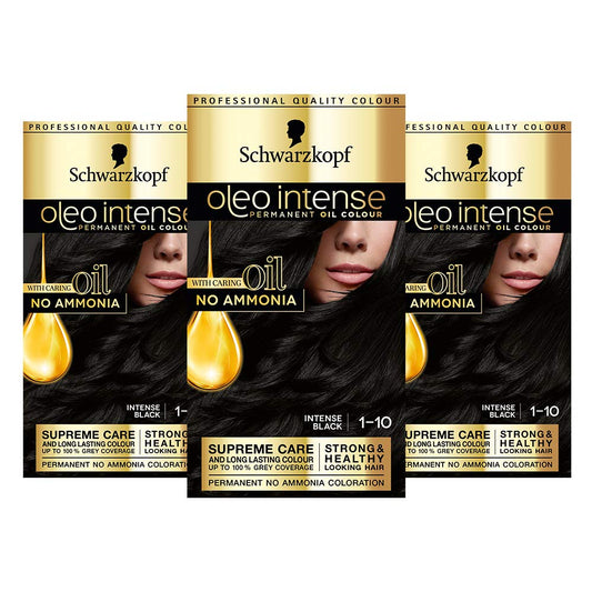 Schwarzkopf Oleo Intense Black Hair Dye, 3-Pack Permanent Oil Colour, No Ammonia, Covers Greys, Black 1-10