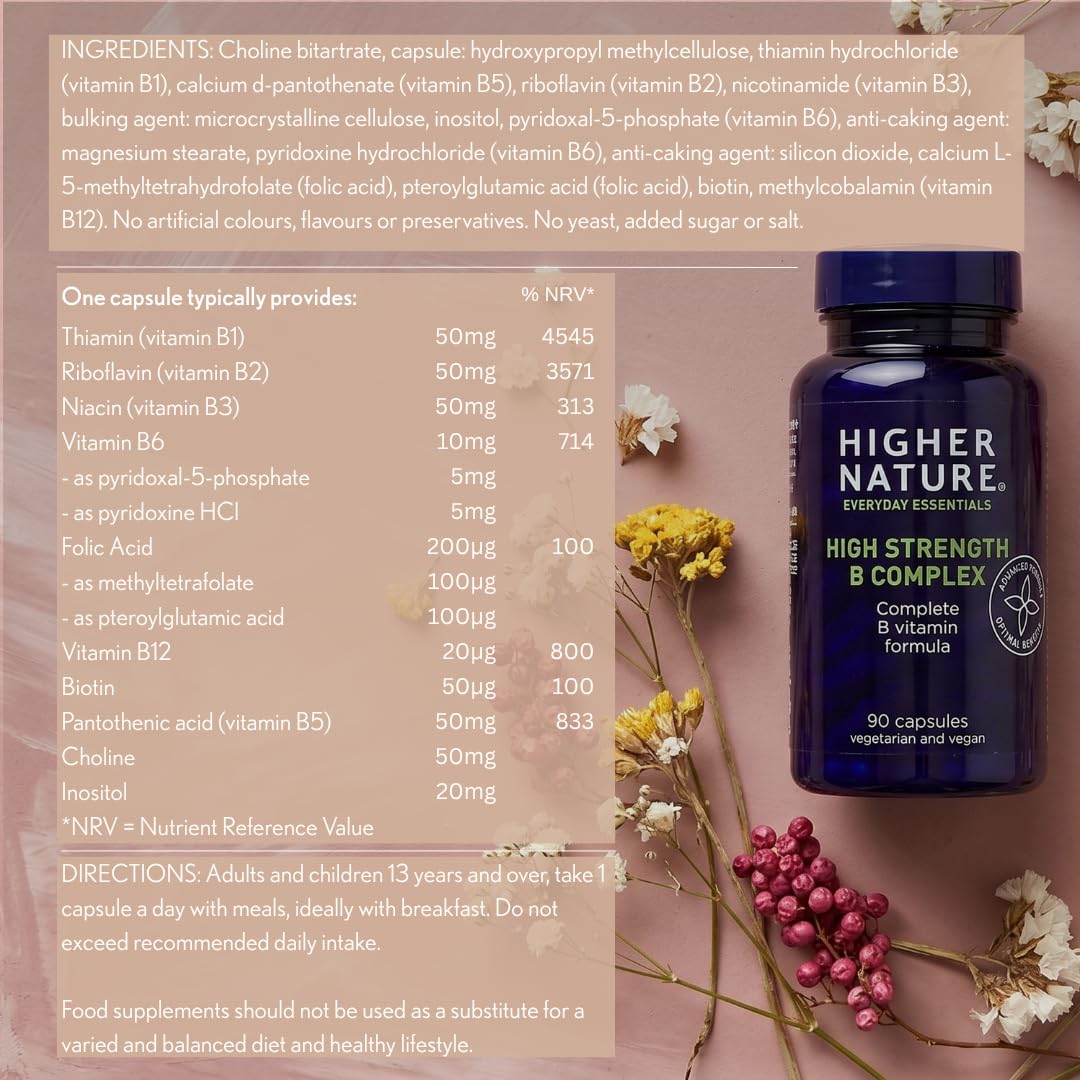HIGHER NATURE Higher Nature - High Strength - Vitamin B Complex - Reduce Tiredness - Supports Nervous System - Vegan Friendly - 90 Capsules