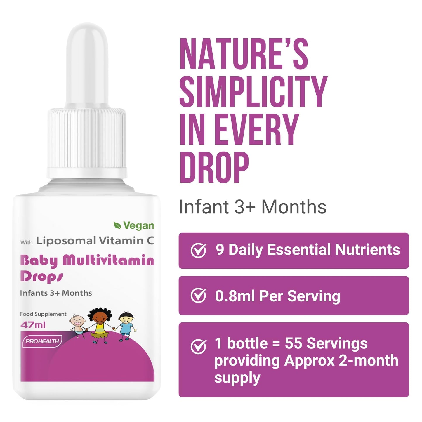 PROHEALTH ProHealth Vegan Multivitamin Drops for Infants & Kids (Age 3 Months+) | 9 Essential Vitamins with Liposomal Vitamin C, Mango Flavour | Sugar-Free, Non-GMO, Gluten-Free, Made in UK (55 Days Supply)