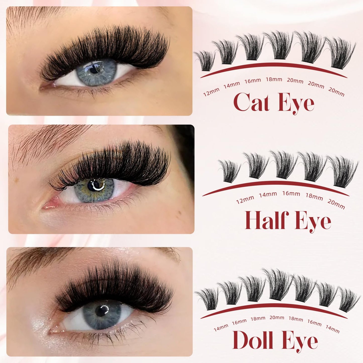 Fluffy-Cluster-Lashes 180D Individual-Eyelashes, Higu clace 12-20mm Thick Lash-Clusters D Curl Long Lash, Reusable Russian Individual-Lashes Clusters DIY Lash Extensions at Home (180D 12-20)