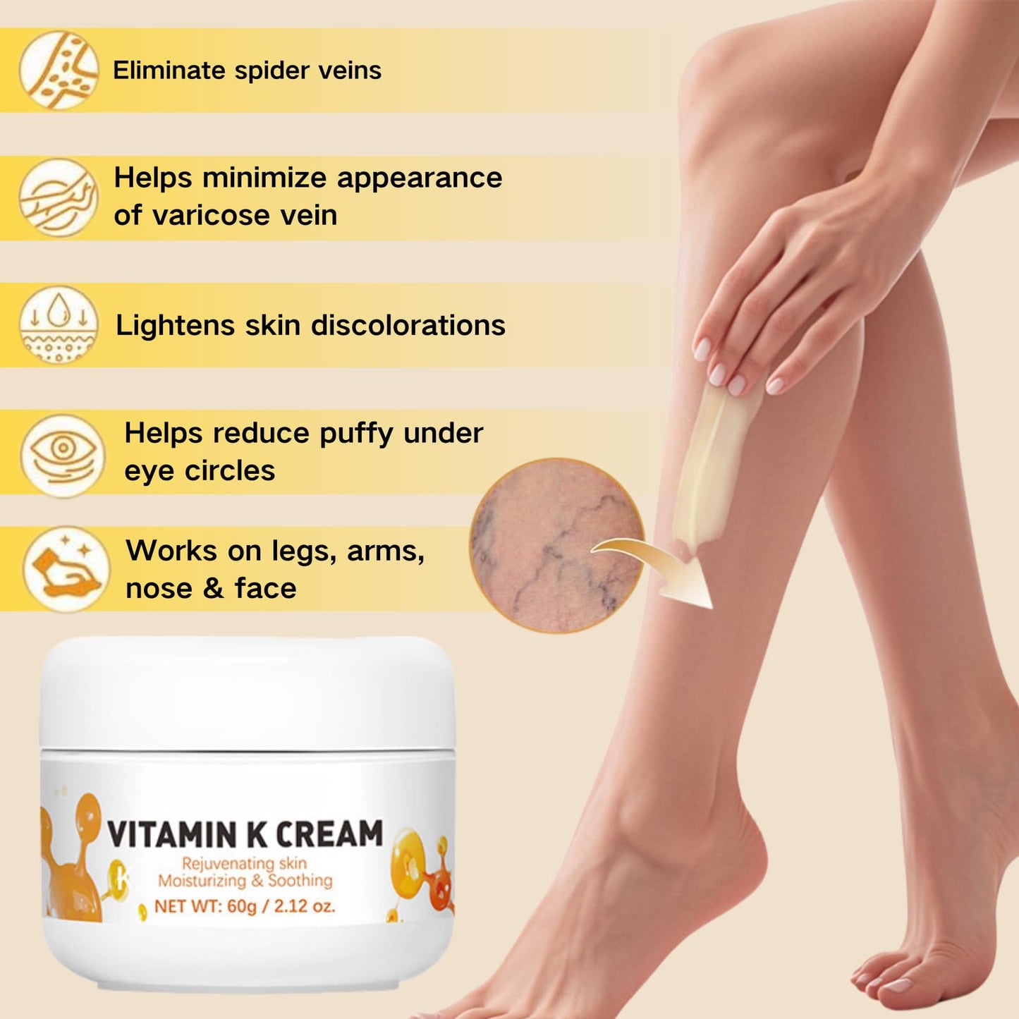 TBeautfave Varicose Veins Cream for Legs & Face - Vitamin Body Cream for Spider Veins & Dark Circles - Skin Repair Cream, Bruise Cream Intensive Moisturizer for Dry Skin, Puffiness, Wrinkles