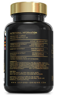 Oxford Origins Advanced Turmeric and Black Pepper Capsules 4030mg Made in the UK | ONE per Day Turmeric Supplement with Ginger & Black Pepper | 120 High Strength Tumeric Curcumin Capsules for Joints | 4 Month Supply