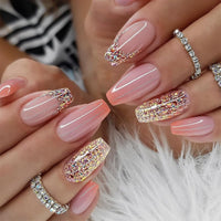 Albiuev 24PCS Medium False Nails with Glue Stickers,Coffin Full Cover Acrylic Nails Press on Nails no Glue,Orange Gradient Glitter French Fake Nails Stick on Nails for Women and Girls Nail Art.