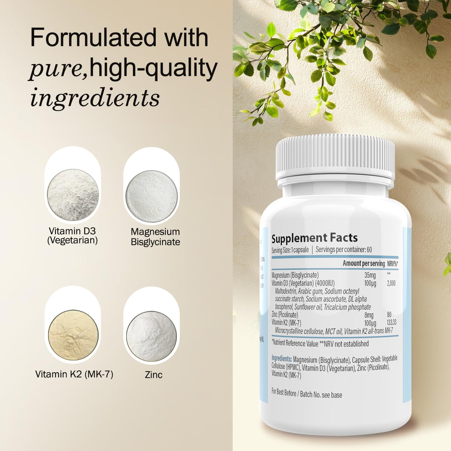 VITAVERUS Vitamin D3 4000 IU Supplement, with K2, Zinc & Magnesium, Made in UK, 60 Capsules