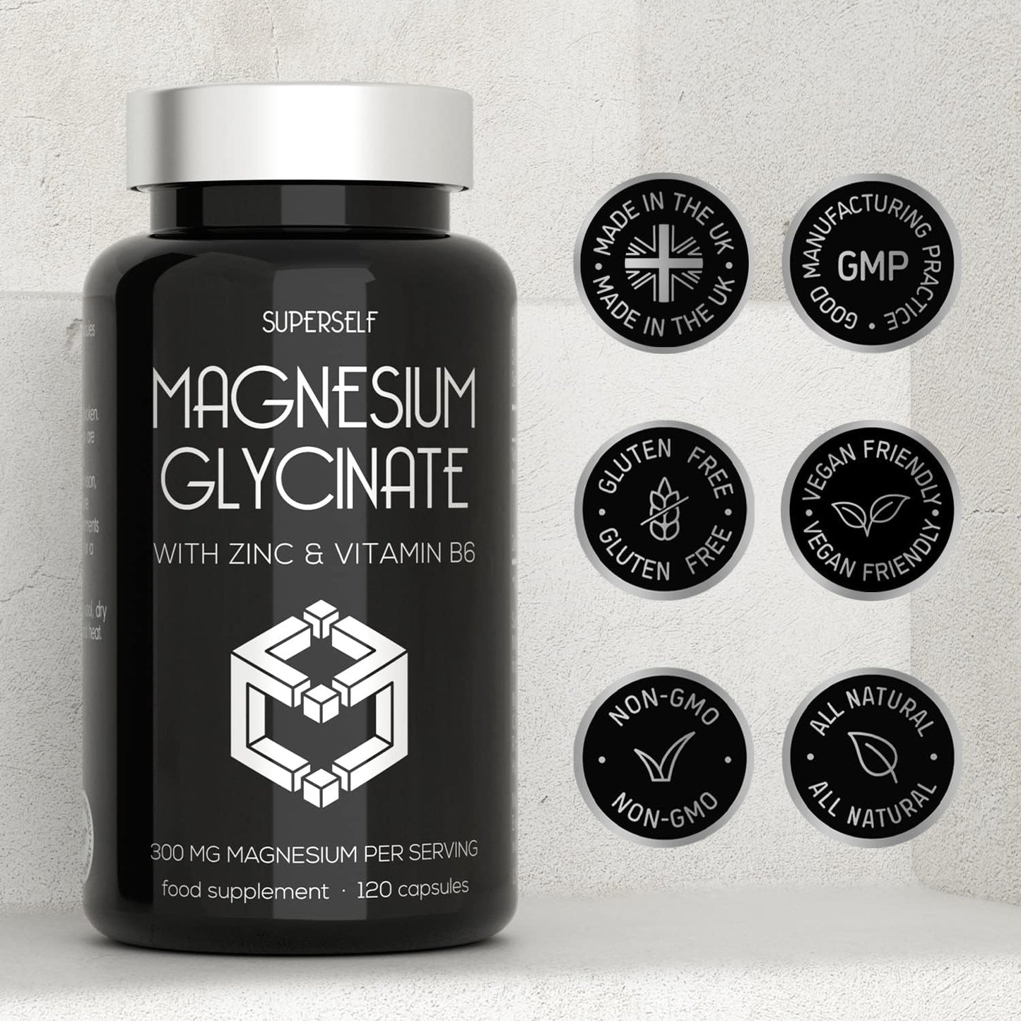 SuperSelf Magnesium Glycinate Supplement - 1500mg Magnesium Bisglycinate Capsules with Zinc & Vitamin B6-120 Tablets High Strength Complex - 300mg Chelated Supplement with Zinc - Advanced Absorption - UK Made