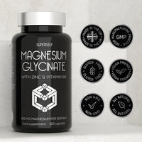 SuperSelf Magnesium Glycinate Supplement - 1500mg Magnesium Bisglycinate Capsules with Zinc & Vitamin B6-120 Tablets High Strength Complex - 300mg Chelated Supplement with Zinc - Advanced Absorption - UK Made