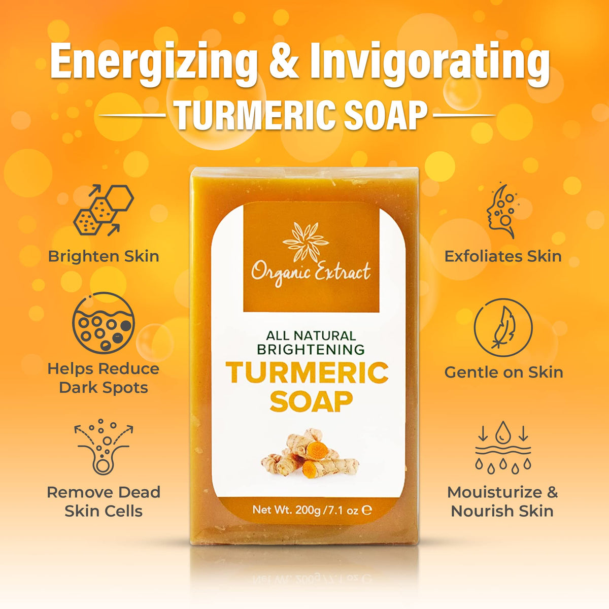 ORGANIC EXTRACT Tumeric Soap - 7.05fl oz / 200g - Skin Brightening Soap Bar - Deeply Moisturizes & Cleanses Skin, Reduces Acne & Dark Spots
