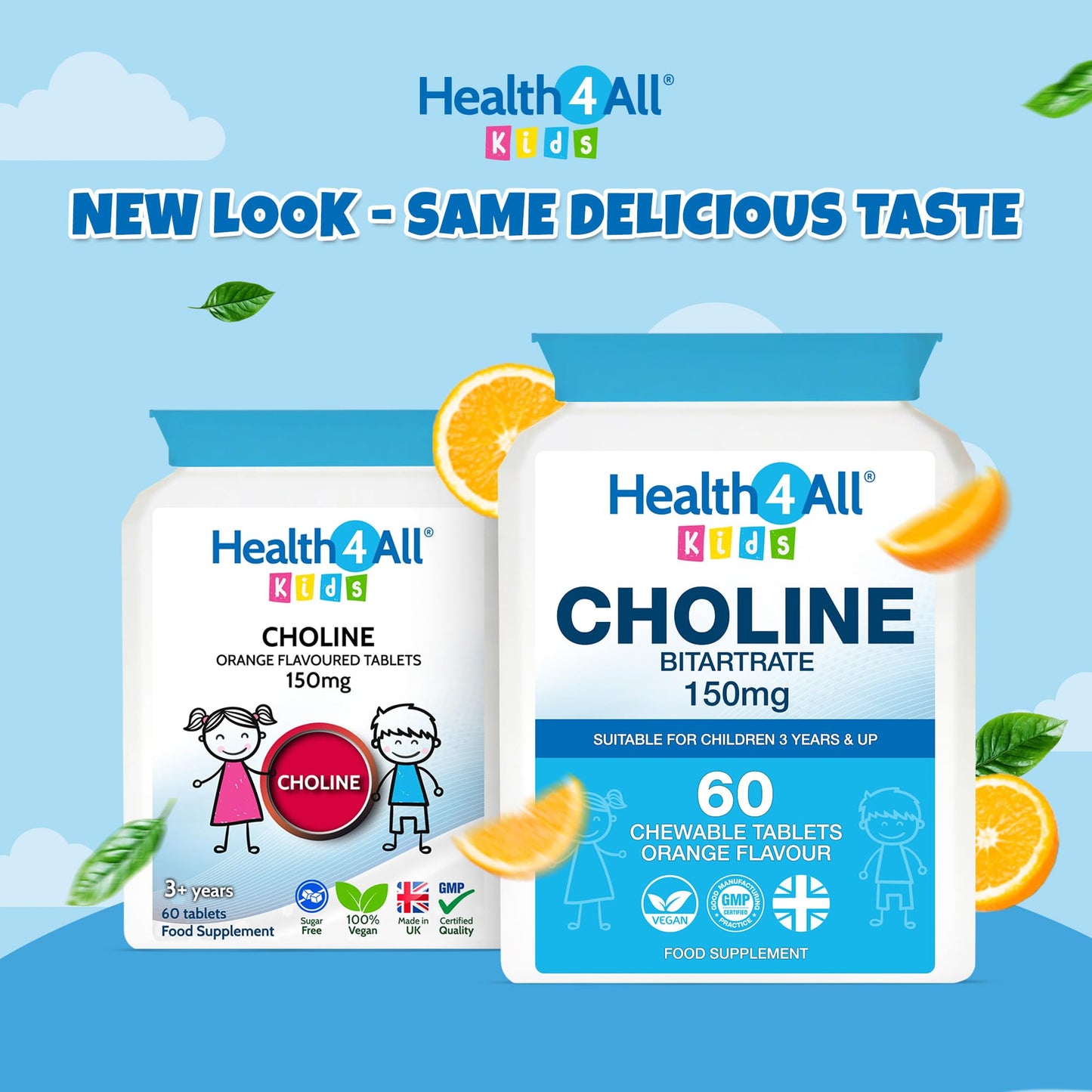 Health4All Kids Choline 150mg 60 Chewable Tablets for Children 3+, Supports Memory, Learning and Mood, Natural Vegan Orange Flavour, Sugar-Free | Made in UK (Not Gummies)