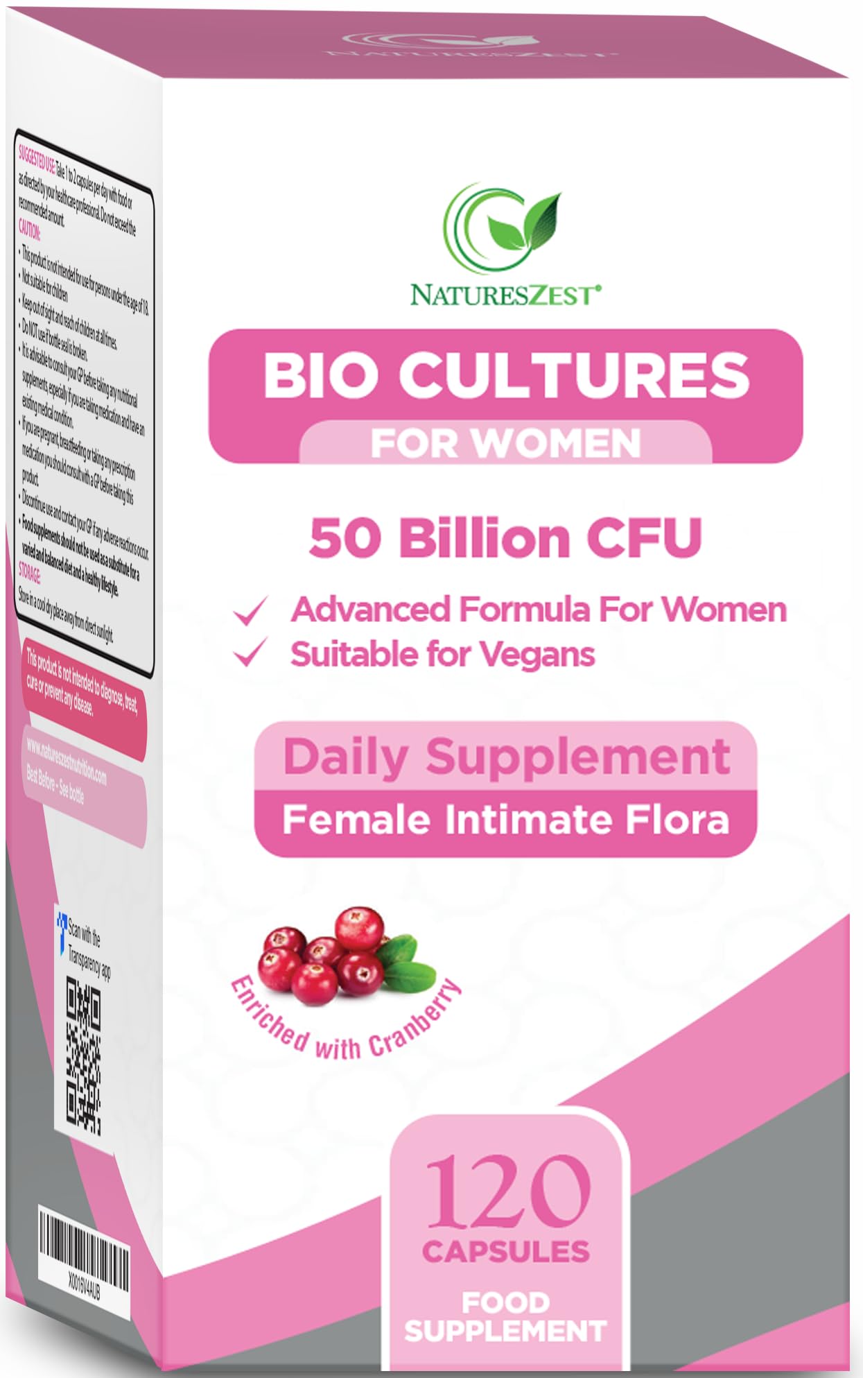 Natures Zest Probiotics for Women - 50 Billion CFU -120 Vegan Caps for Gut Health & Intimate Flora Probiotics Complex + Prebiotics enriched with Cranberry Extract, Lactobacillus Reuteri & Rhamnosus- 4 Month Supply