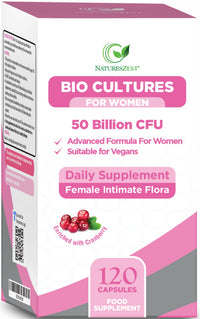Natures Zest Probiotics for Women - 50 Billion CFU -120 Vegan Caps for Gut Health & Intimate Flora Probiotics Complex + Prebiotics enriched with Cranberry Extract, Lactobacillus Reuteri & Rhamnosus- 4 Month Supply