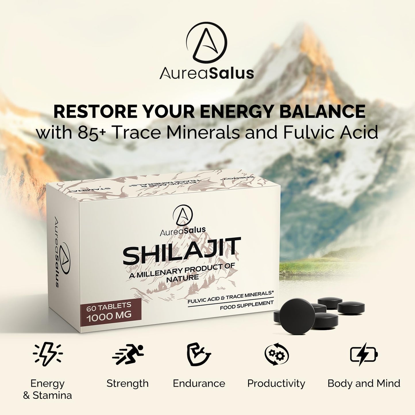 AureaSalus Shilajit Tablets 30,000mg, 60 Counts Himalayan Shilajit Tablets (1000mg Per Serving), Rich in 85+ Minerals & Fulvic Acid, More Convenient Than Shilajit Resin (60 Count (Pack of 2))