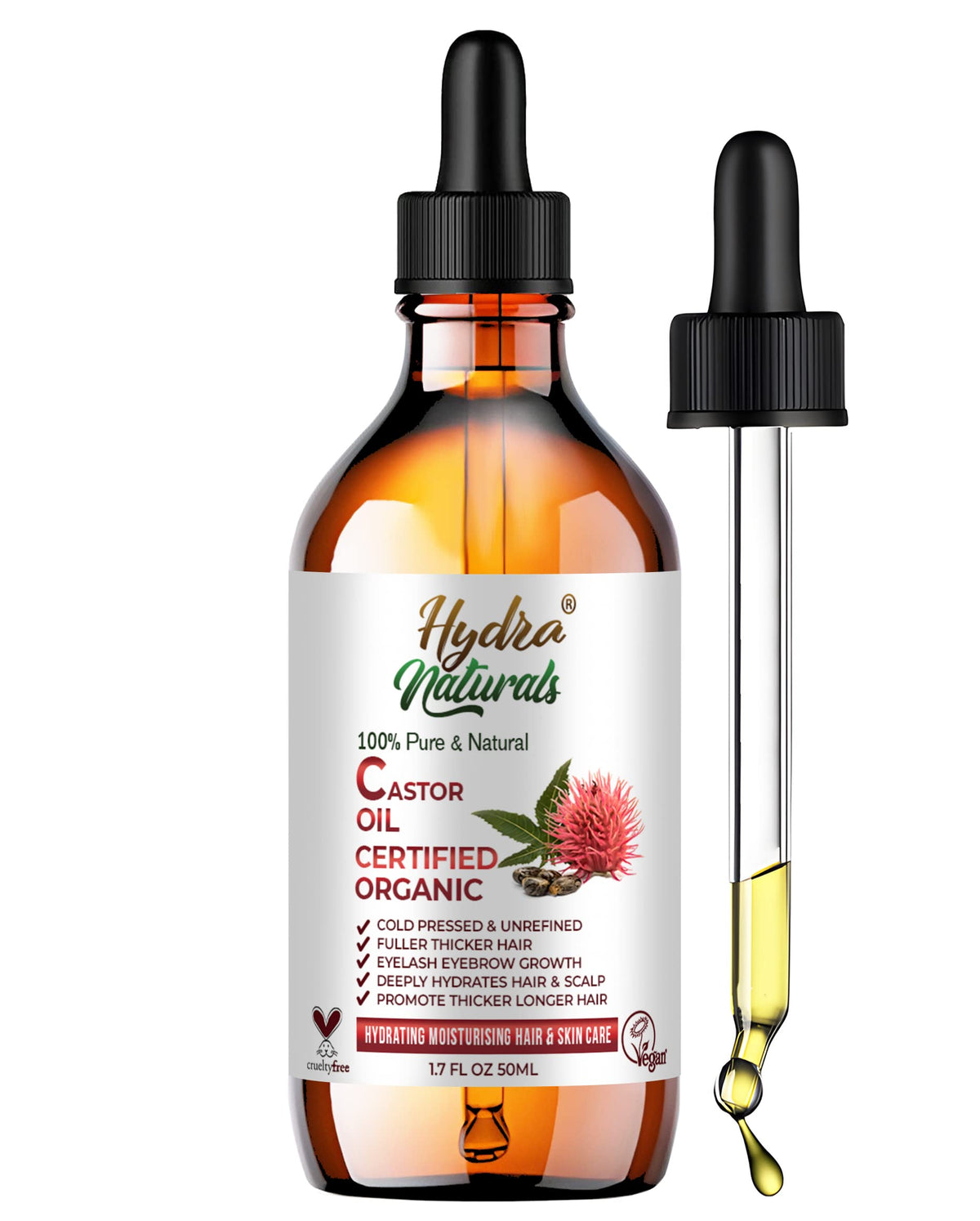 Hydra Naturals 100% Pure - Cold Pressed, Premium Quality, Organic Castor Oil 50ml - Promotes Hair, Eyebrow and Eyelash Growth - Diminishes Wrinkles and Signs of Aging - Hydrates and Nourishes Skin