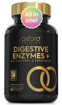 Oxford Origins Award Winning 10-in-1 Digestive Enzyme Supplements | Made in The UK | Probiotics & Peppermint Oil for Gut Health, Bloating Relief and Belly Reduction | One Vegan Capsule per Meal | 60 Capsules