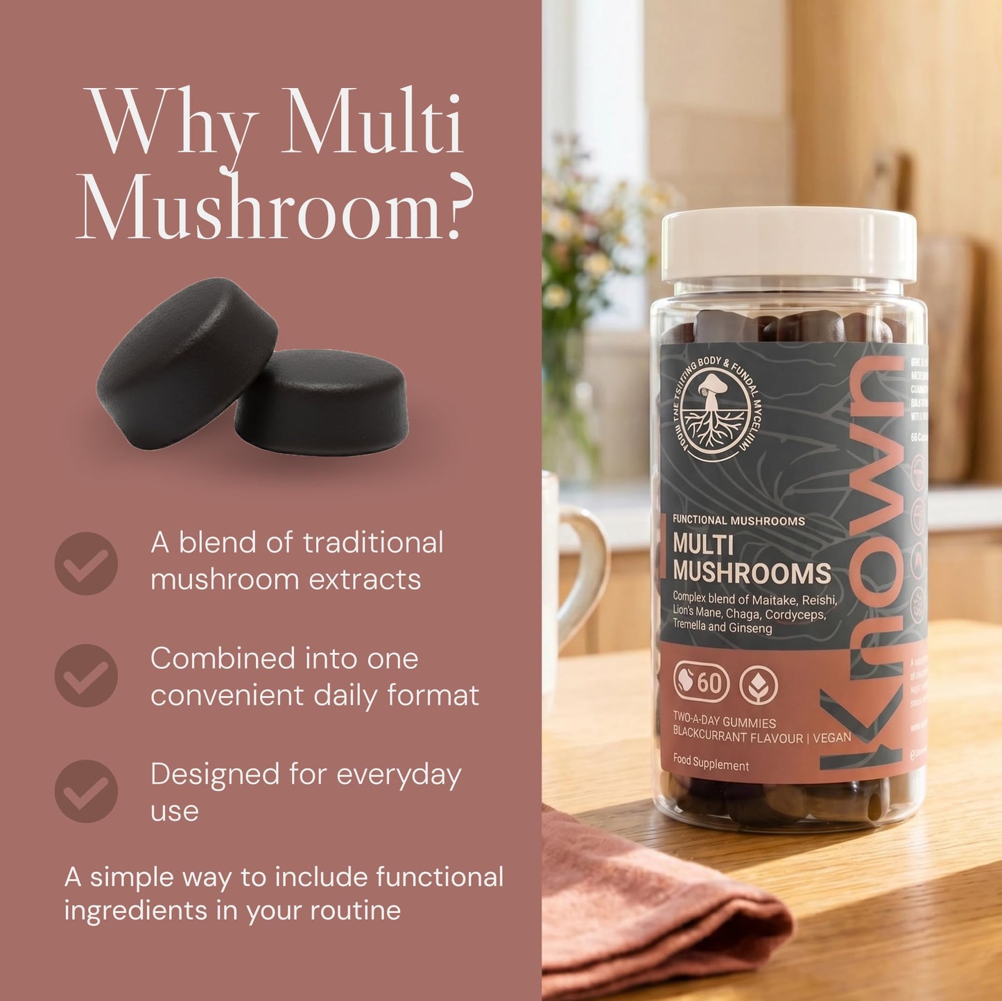 Known Multi Mushroom Gummies 1,930mg/Serving – Blackcurrant Flavour – Lions Mane, Reishi, Cordyceps, Chaga, Maitake – Brain, Focus, Immune Support – 60 Gummies, 1 Month Supply – Vegan Supplement