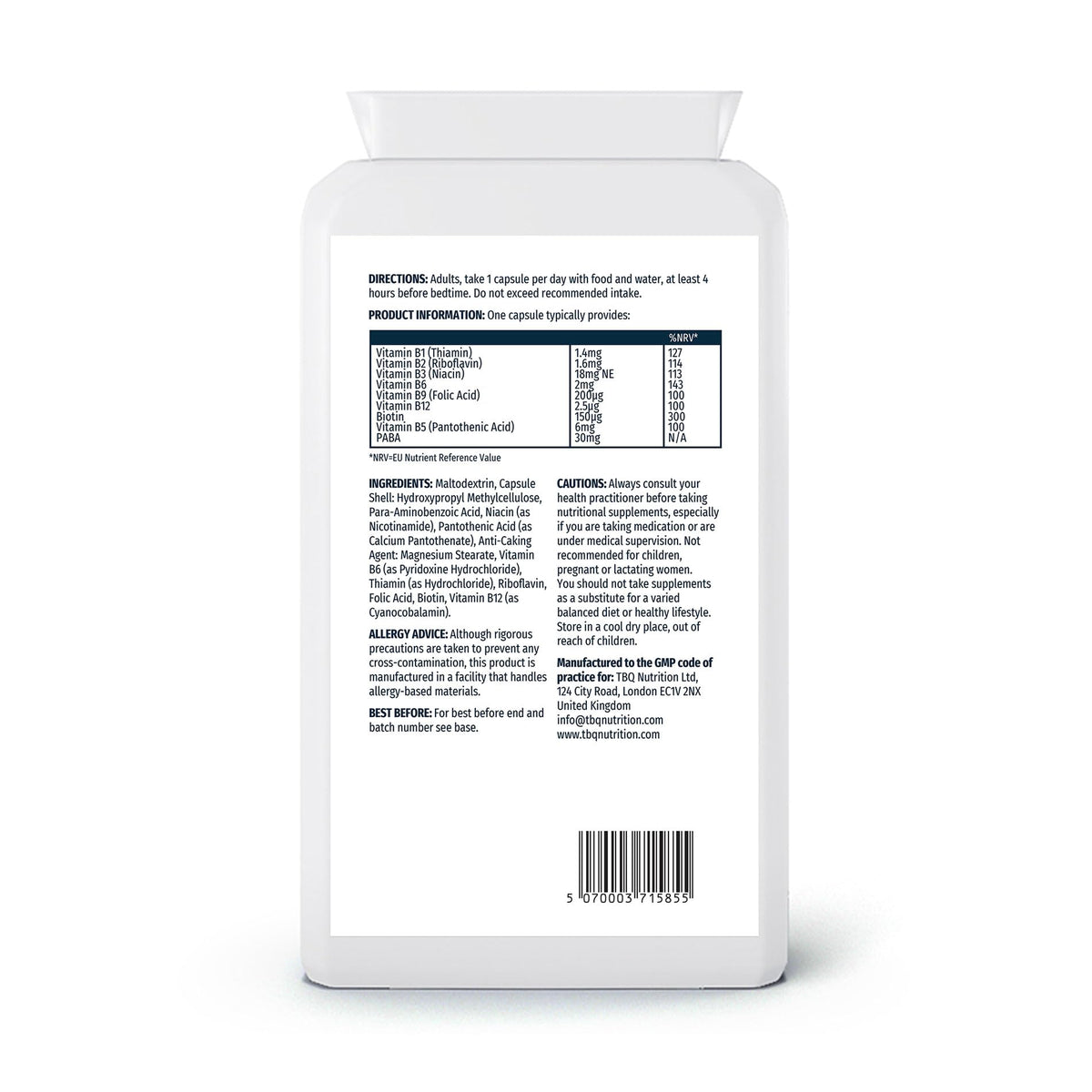 TBQ Nutrition Vitamin B Complex | 6 Months Supply | with B1, B2, B3, B5, B6, B7, B9, B12 & PABA | Contributes to Energy, Nervous System Function & Metabolism | UK-Made