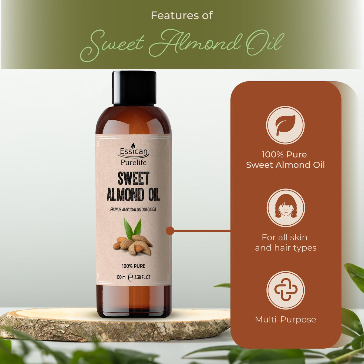 Essican Purelife, Pure Sweet Almond Oil for Hair, 100ml Cold Pressed Almond Oils for Massage, Carrier Oil for Essential Oils Mixing Ideal for Massage, Moisturising Face, Skin, Ear, Body, Cruelty-Free