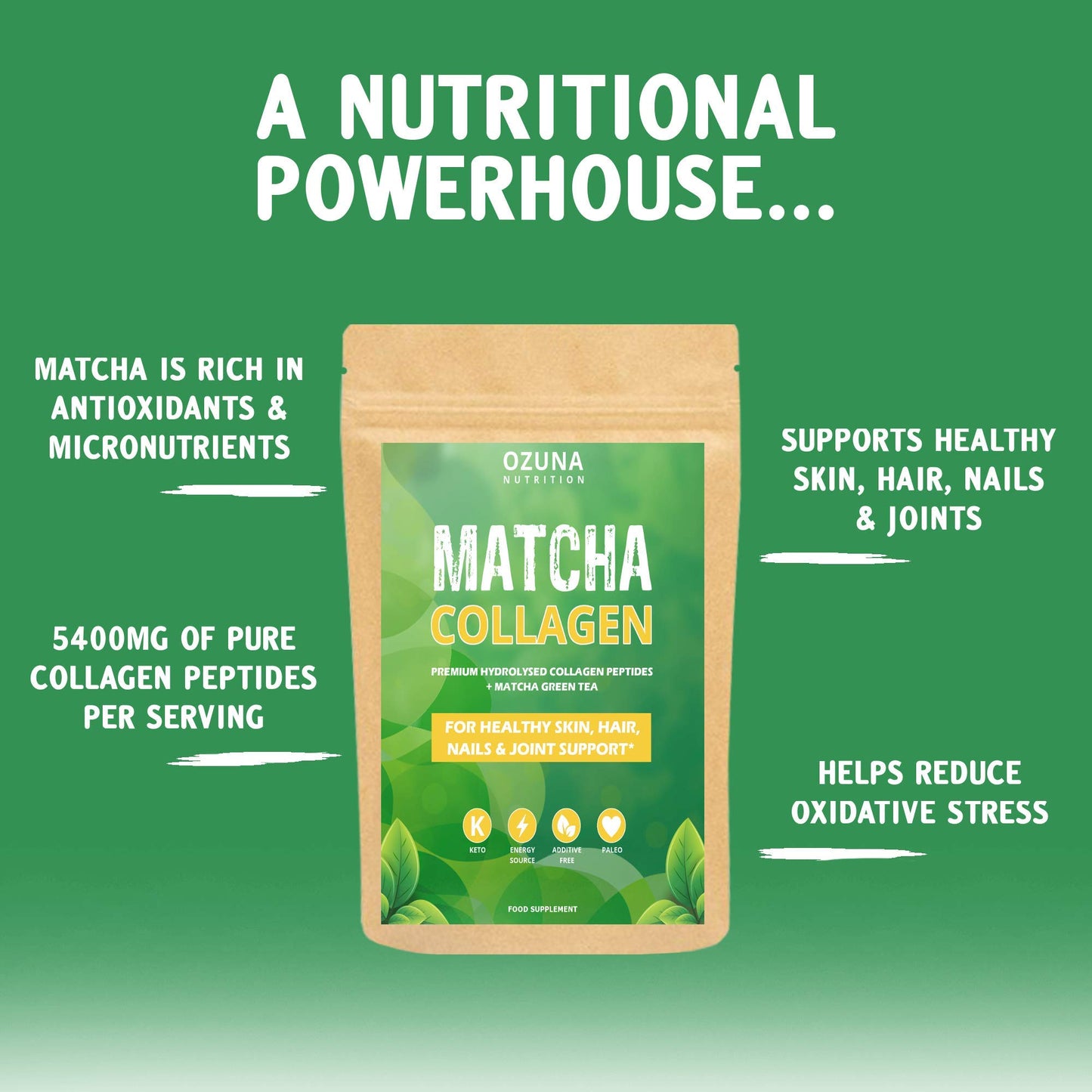 OZUNA NUTRITION Matcha Collagen Powder with L-Theanine & Natural Caffeine | Gluten & Dairy Free | Matcha Green Tea with Collagen Peptides, 200g