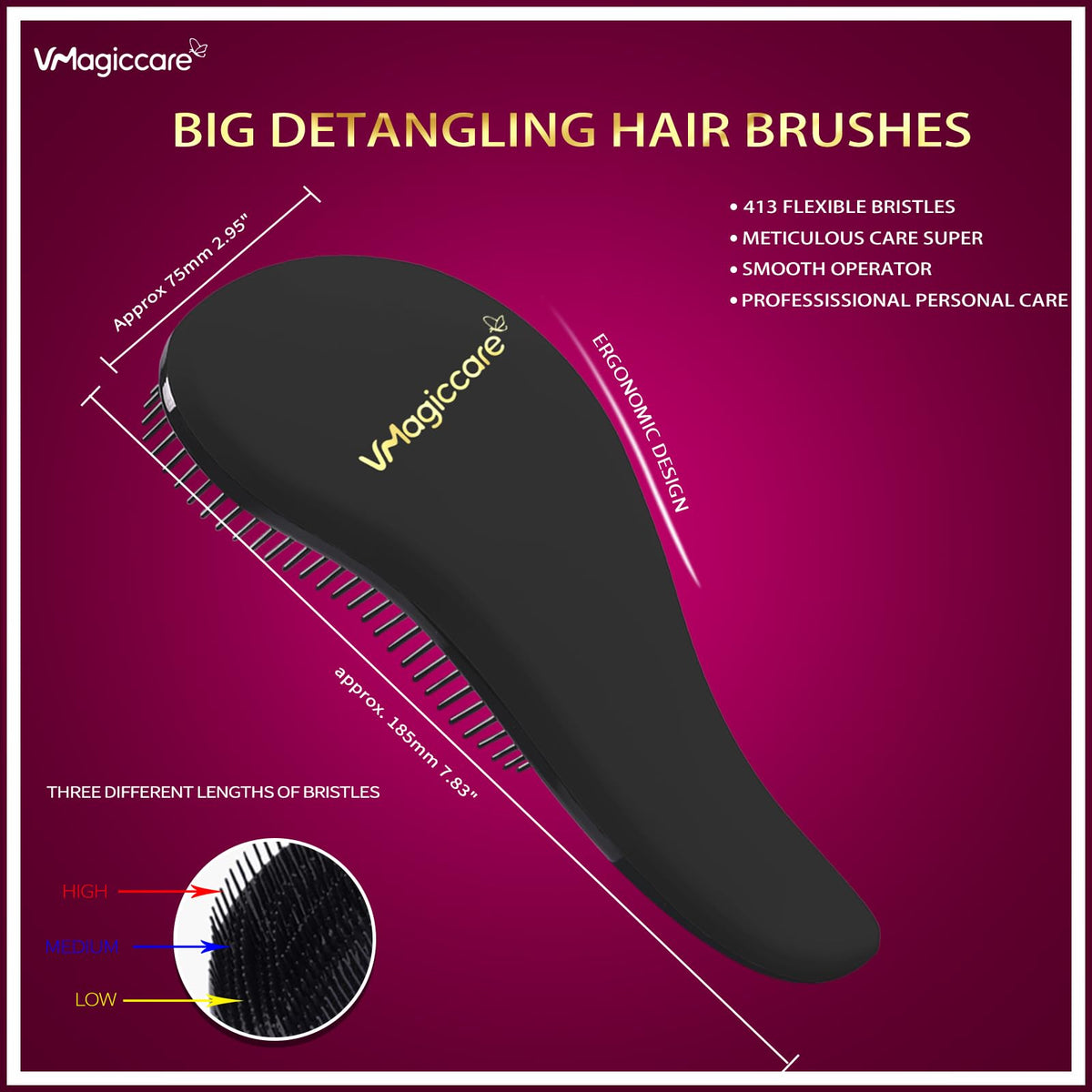 VMAGIC CARE Detangling Brush - Glide Through Tangled Hair - Best Brush for Women, Girls, Men & Boys - Wet & Dry Use (Black & Rose Red)