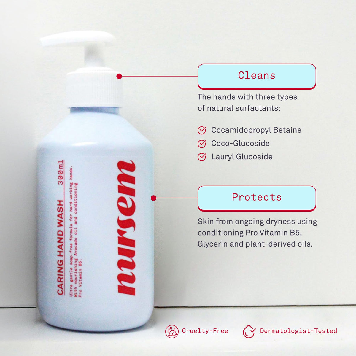 Nursem CARING HAND WASH – 300ml | Natural, ultra-gentle soap-free formula for very dry hands