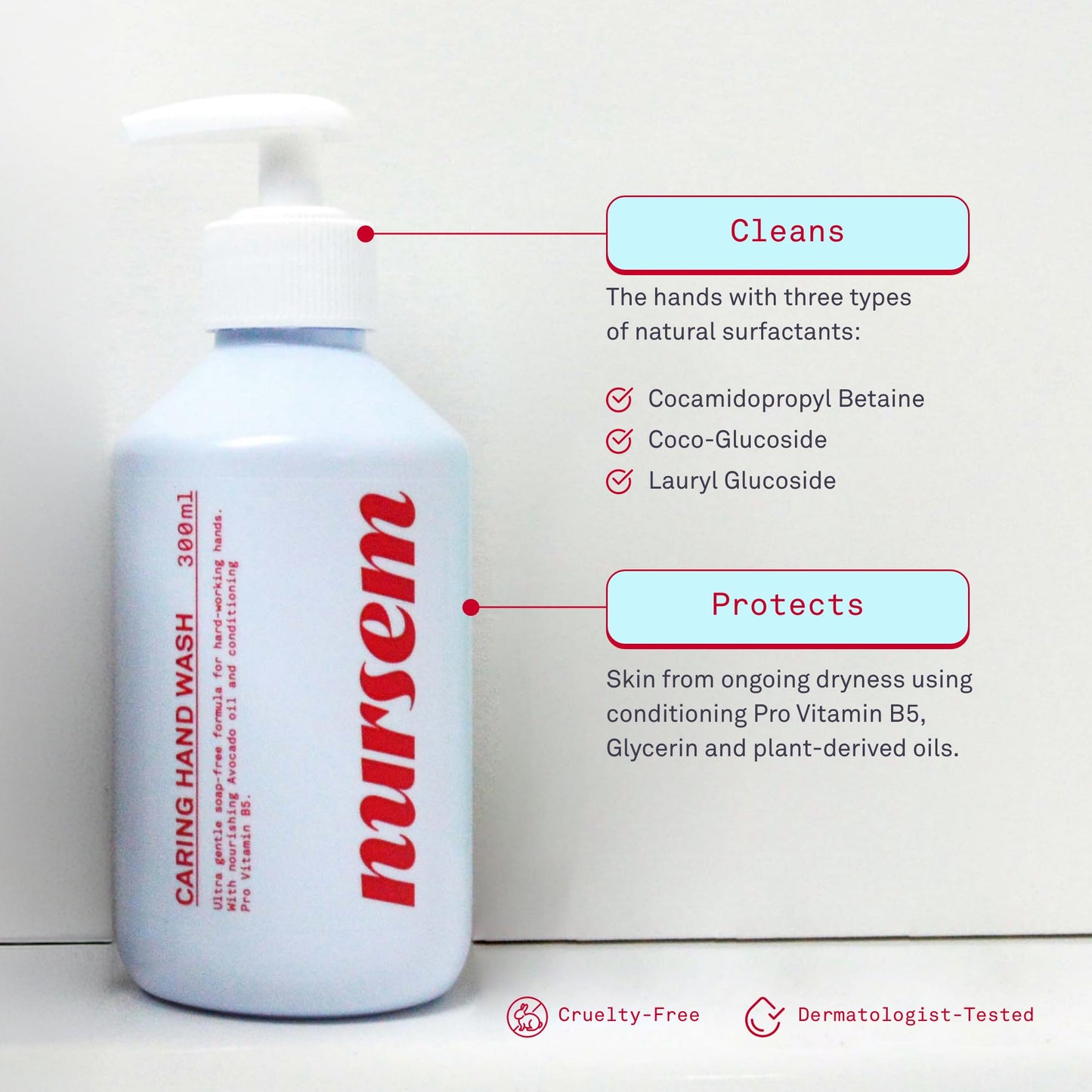 Nursem CARING HAND WASH – 300ml | Natural, ultra-gentle soap-free formula for very dry hands