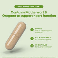 Natural Foundation Nattokinase 5000FU Arterial Support with Oregano Extract 125mg & Motherwort 125mg 30 Capsules Made in The UK (30)