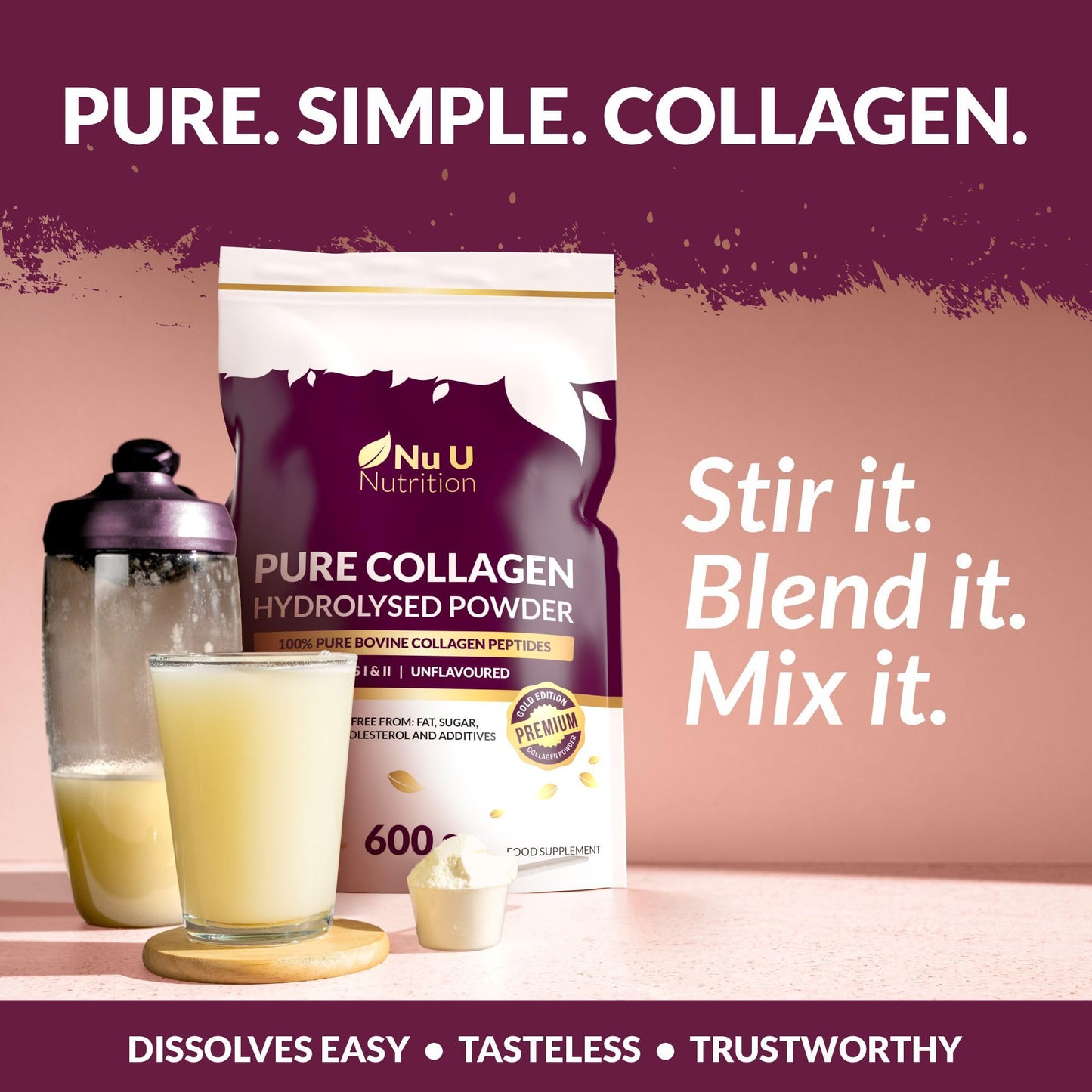 Collagen Powder 600g Large Pouch - 100 Servings - Premium Type I & II Bovine Collagen Peptides Hydrolysate Supplement Gold Edition - 3+ Month Supply - Unflavoured - Nu U Nutrition