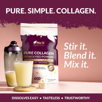 Collagen Powder 600g Large Pouch - 100 Servings - Premium Type I & II Bovine Collagen Peptides Hydrolysate Supplement Gold Edition - 3+ Month Supply - Unflavoured - Nu U Nutrition