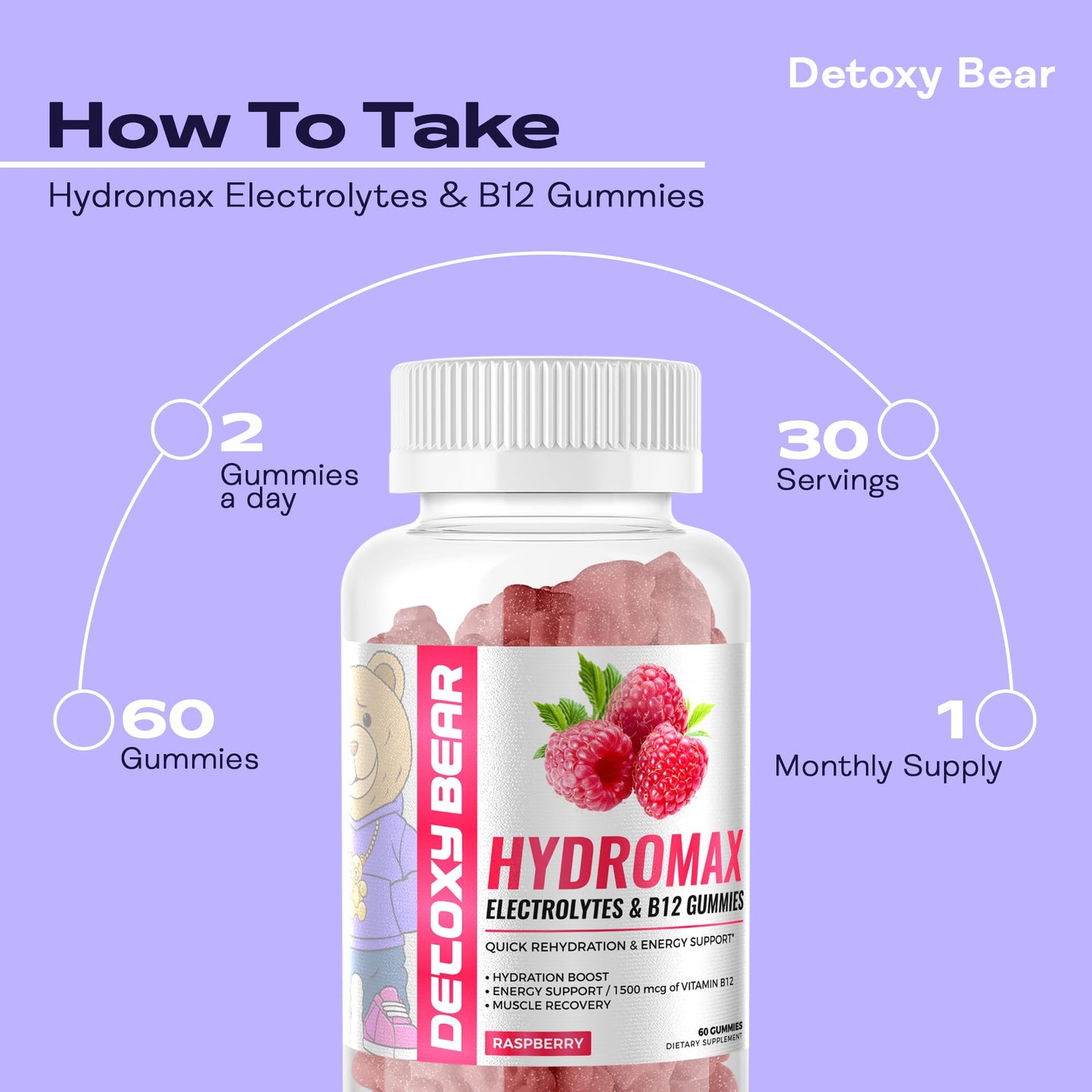 DETOXY BEAR LTD Hydromax Electrolytes Gummies – 60-Count Electrolyte and 1500mcg B12 Vitamin Gummies – Soft Chewable Gummies for Energy Support, Hydration Boost, Muscle Recovery