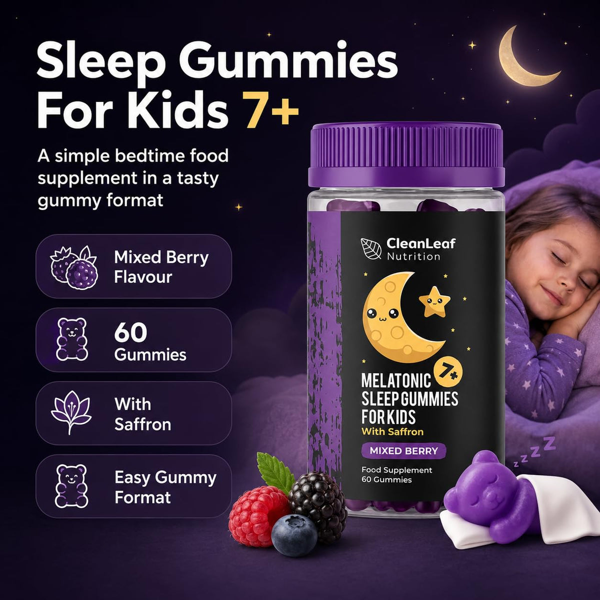 HILLTEN HEALTH Natural Sleep Support Gummies for Kids - Melatonic Formula for Restful Nights, Childrens Sleep Gummies Promoting Natural Melatonin Production, Promotes Healthy Sleep Patterns, 60 Count