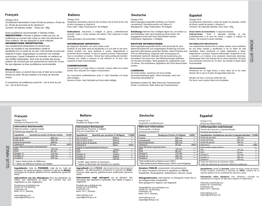 Omega 3 6 9 Triple Strength Fish Oil + Flaxseed Oil & Sunflower Oil - EPA & DHA - High Strength 1000mg - Made in The UK - Omega369 in one softgel by NutriZing - Potent Essential Fatty Acids