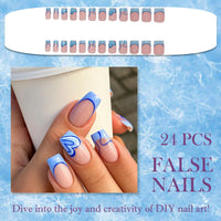 Generic 24PCS Blue Heart Press on Nails – Short Square French Tip with Blue & White Design – Fake Nails with Accessory Tools – Eco-Friendly Acrylic – Reusable Nail Tips Set for Women – Easy Daily Application