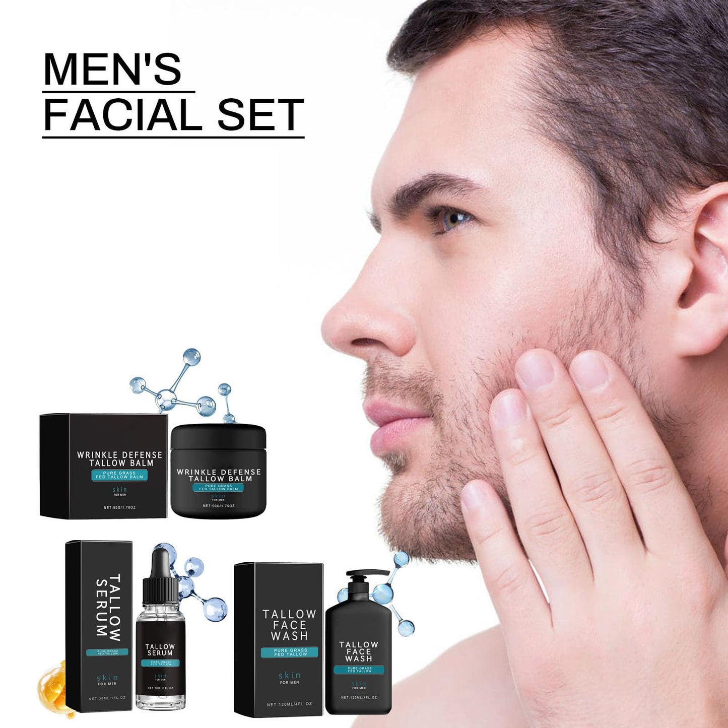 Men's Beef Tallow Skincare Kit - Face Wash, Serum & Cream - Nourishing Moisturizer for Day and Night - Includes Men's Grooming Sets and Facial Kit